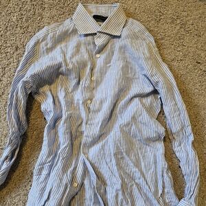 Spier Mackay 15.5-32 Linen Blue Striped Men's Button-Down Shirt